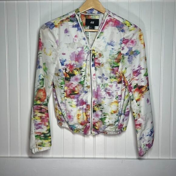 H&M Women's Multicolor Floral Bomber Jacket Full Zip Lightweight 4 Long Sleeve - Picture 2 of 10